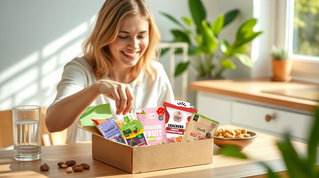Lächelnde Frau öffnet eine Snackbox mit gesunden Snacks im Homeoffice